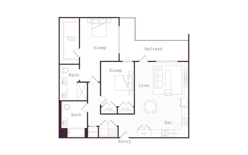 Mack - 2 bedroom floorplan layout with 2 baths and 1130 square feet.