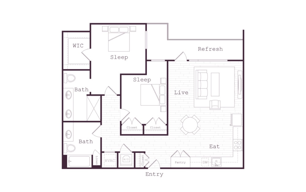 Rex - 2 bedroom floorplan layout with 2 baths and 1038 square feet.