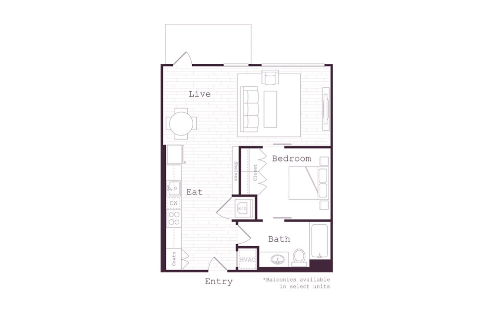 Mirela - 1 bedroom floorplan layout with 1 bath and 690 square feet.